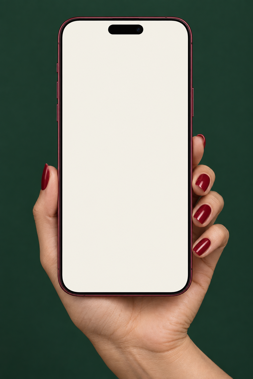 A hand with red nails holding a burgundy concept phone